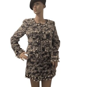 Chic Black and White Tweed Dress with Pearl Accents